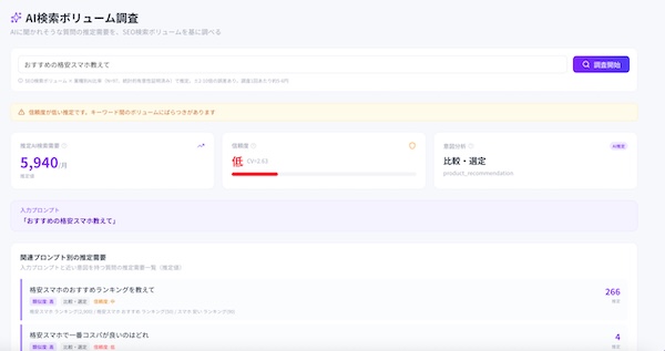 AI検索プロンプトのボリュームを算出する独自ツールの画面
